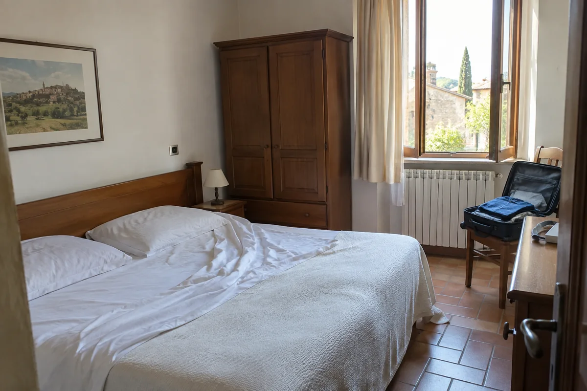 Ein einfaches Gästezimmer mit Reisegepäck