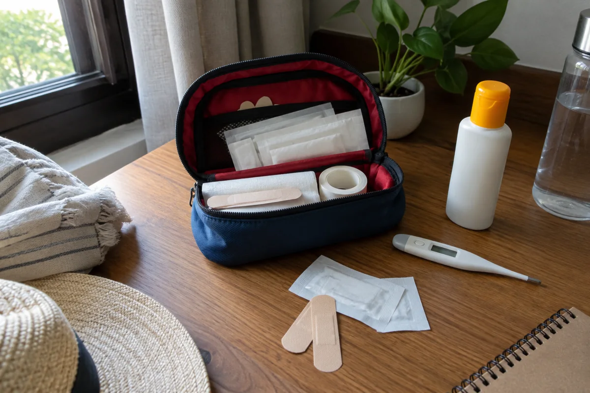 Kleine Reiseapotheke mit Verbandsmaterial